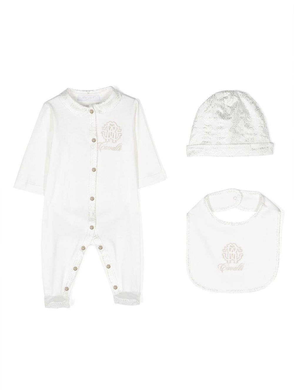Roberto Cavalli Junior logo刺绣连体衣套装 - 白色