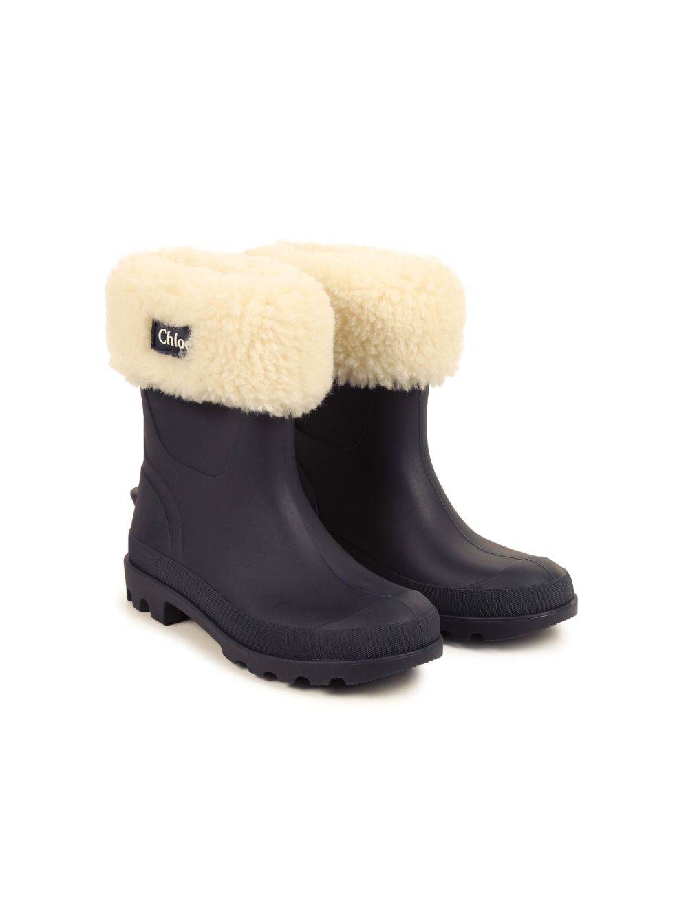 Chloé Kids 人造皮草边饰标贴雨靴 - 蓝色