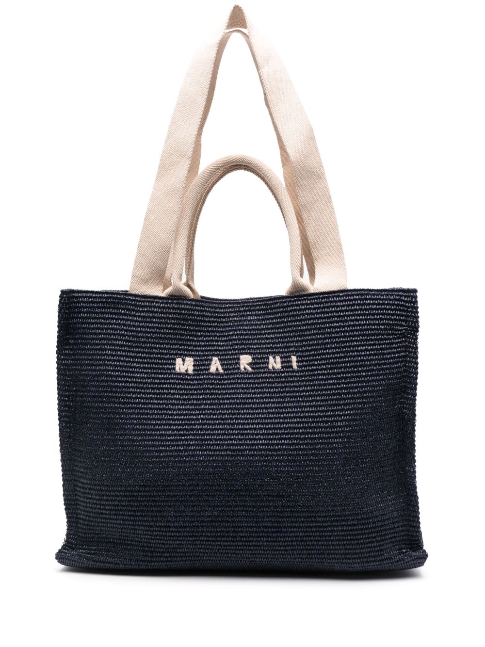 Marni logo刺绣拉菲草托特包 - 蓝色