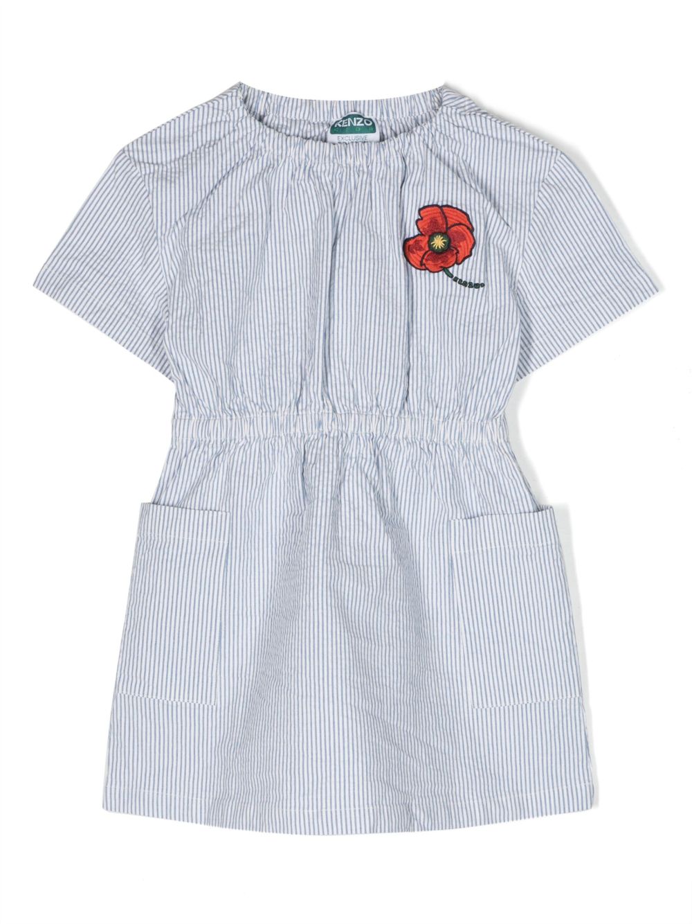 Kenzo Kids logo刺绣条纹A字连衣裙 - 蓝色