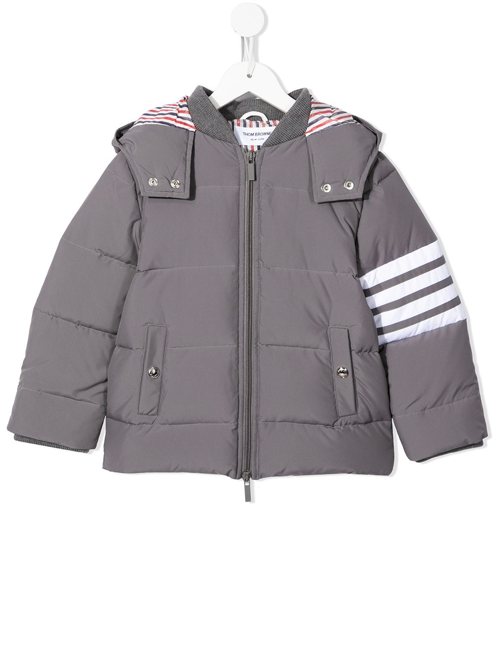 Thom Browne Kids 四条纹连帽派克大衣 - 灰色