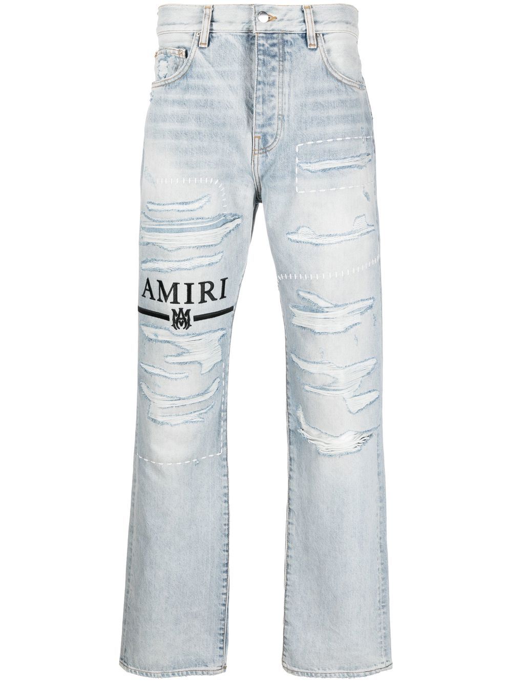 AMIRI logo刺绣撕裂效果牛仔裤 - 蓝色