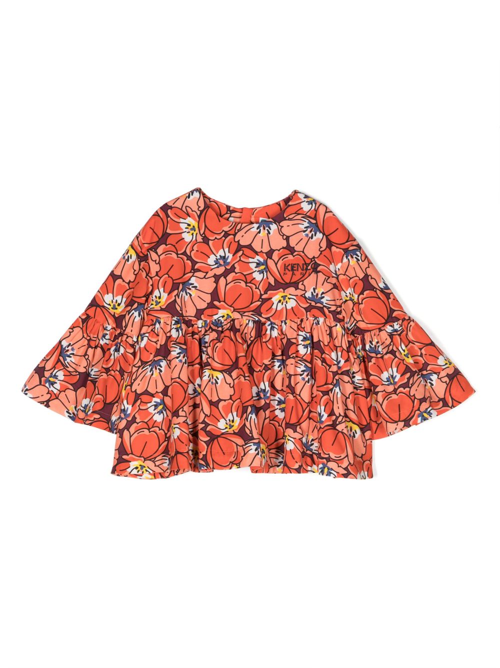 Kenzo Kids 花卉印花褶饰罩衫 - 橘色