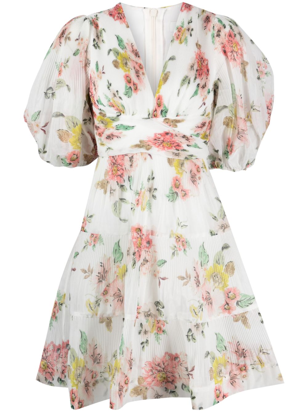 ZIMMERMANN 花卉印花泡泡袖迷你连衣裙 - 白色