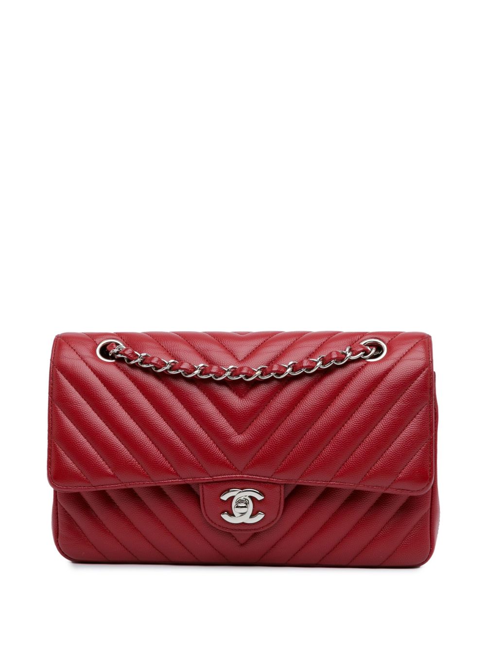 CHANEL Pre-Owned Classic Chevron Caviar Double Flap 中号单肩包（2016-2017年典藏款） - 红色