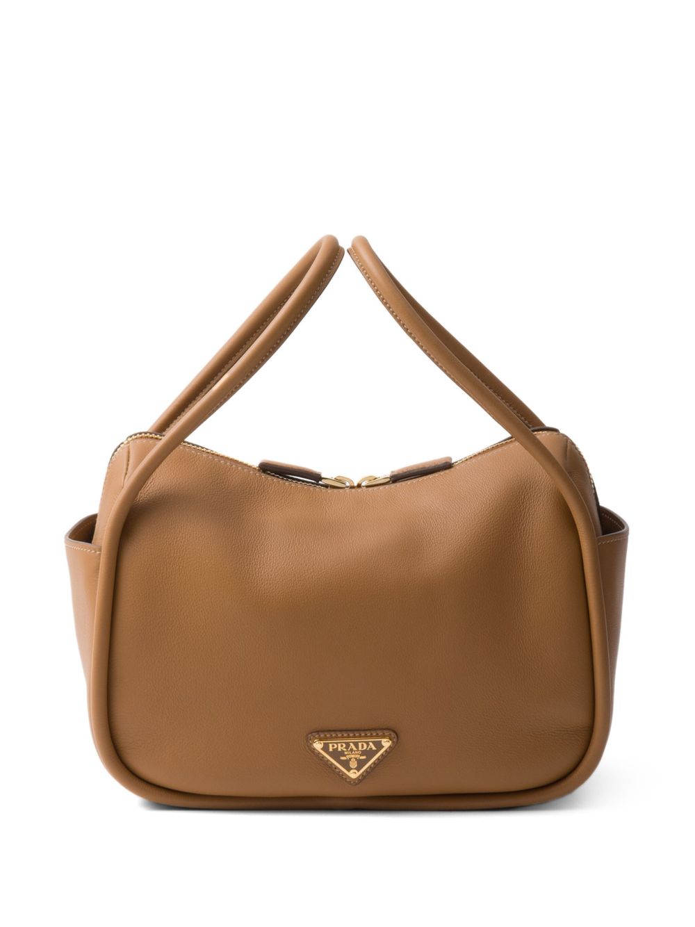 Prada logo标牌皮质手提包 - 褐色