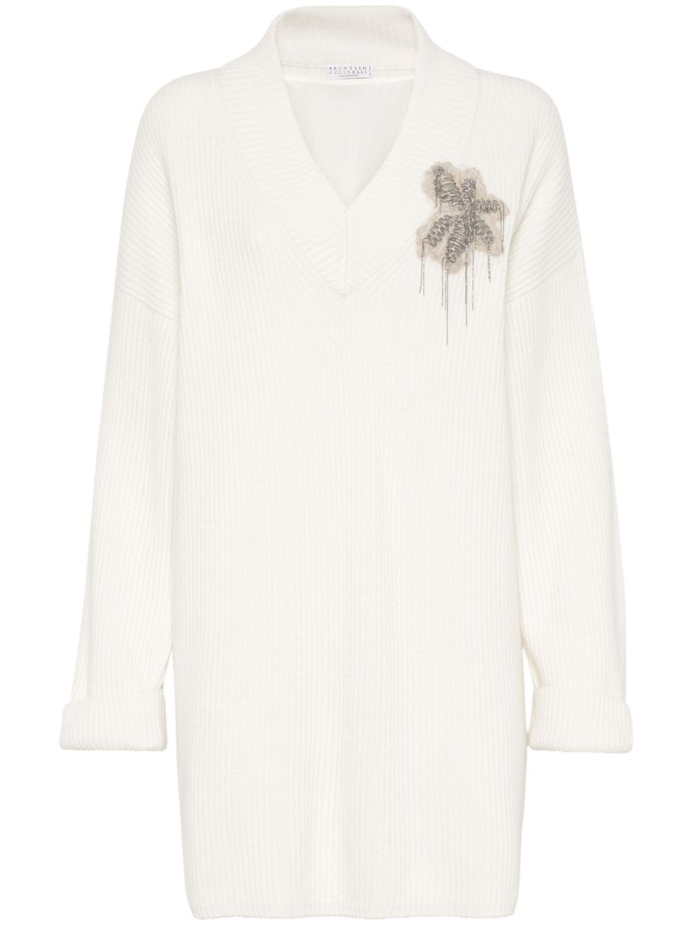 Brunello Cucinelli 珠饰羊绒连衣裙 - 白色