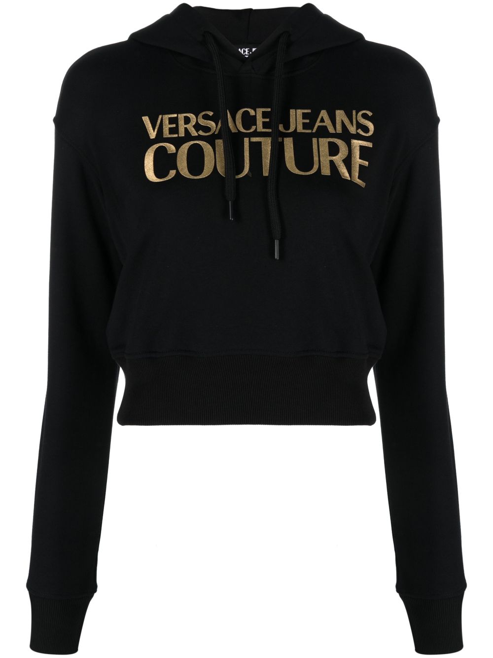 Versace Jeans Couture logo缀饰短款棉连帽衫 - 黑色