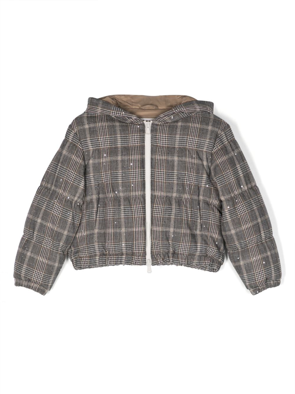 Brunello Cucinelli Kids 格纹填充连帽夹克 - 黑色