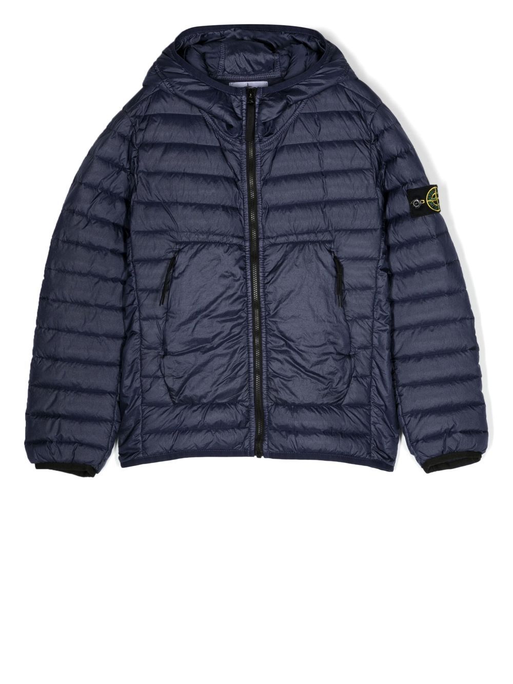 Stone Island Junior 贴花衣袖连帽蓬松夹克 - 蓝色