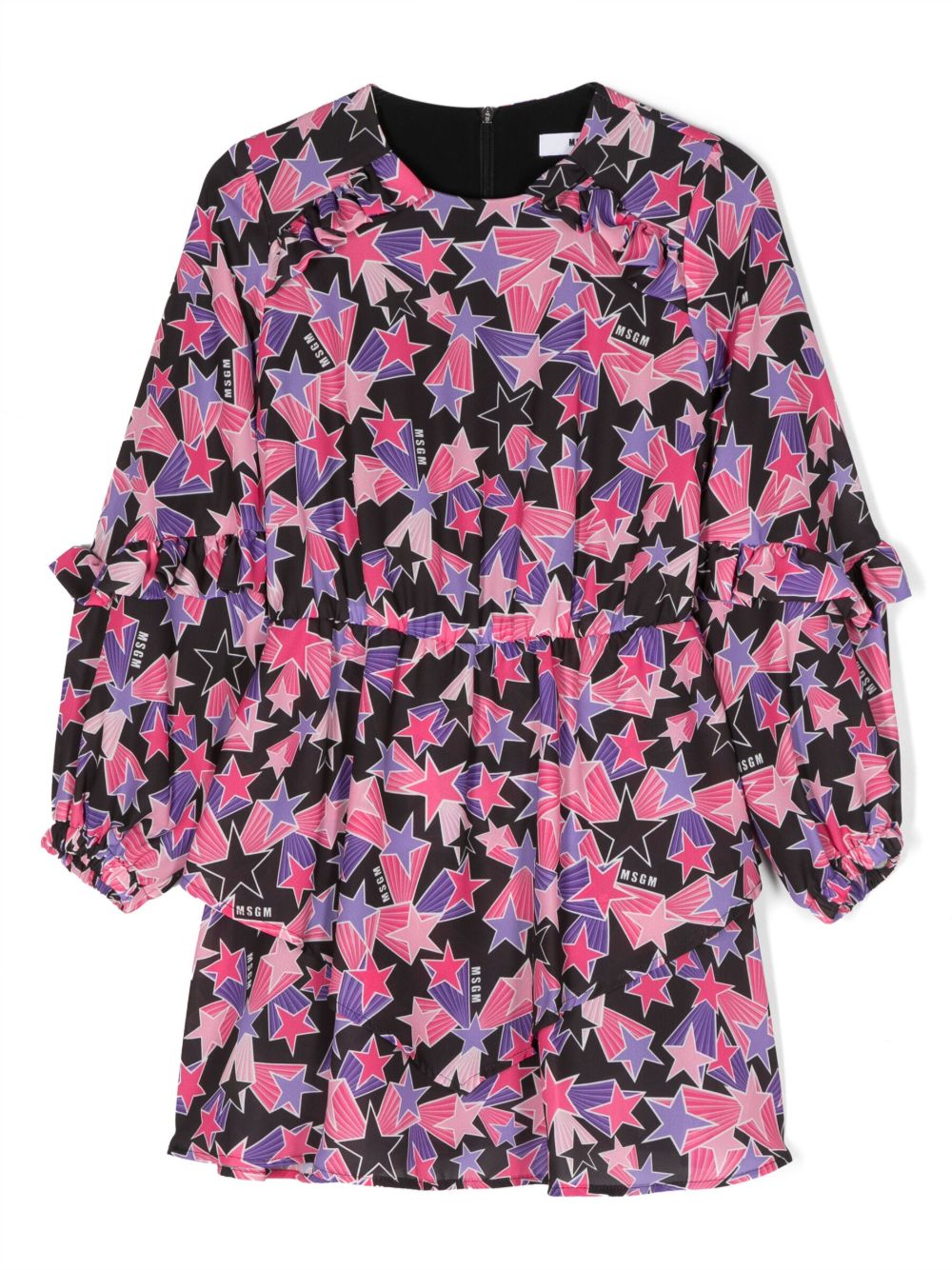 MSGM Kids 星星印花荷叶边伞形连衣裙 - 黑色