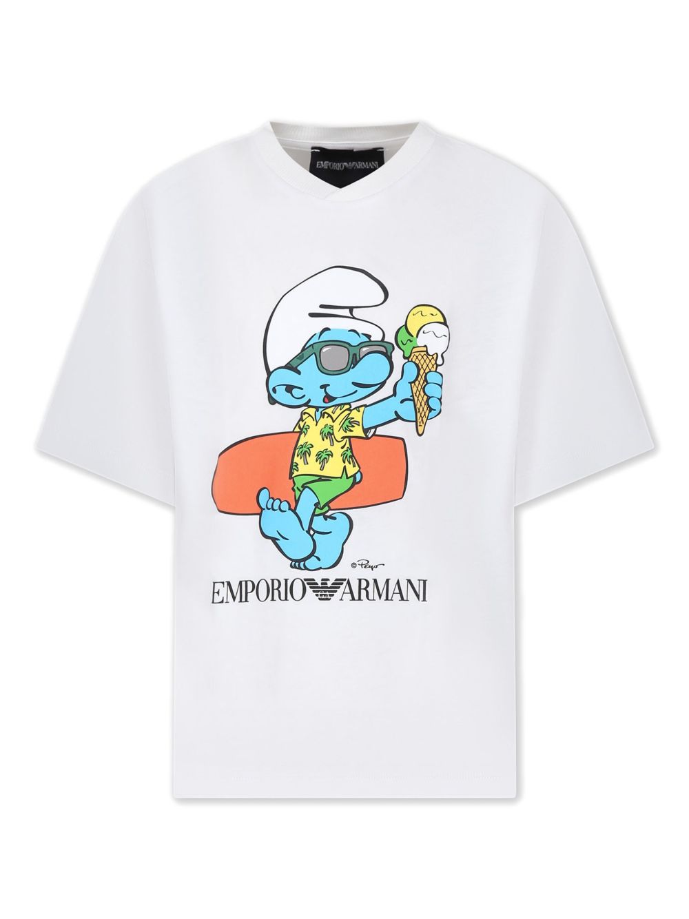 Emporio Armani Kids xThe Smurfs logo印花T恤 - 白色
