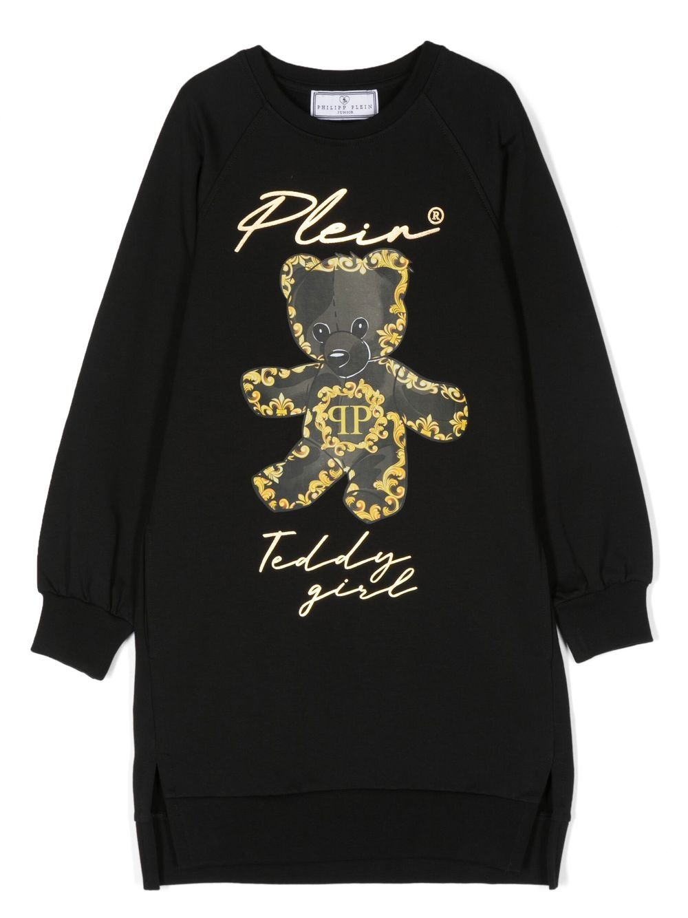 Philipp Plein Junior 图案印花棉卫衣式连衣裙 - 黑色