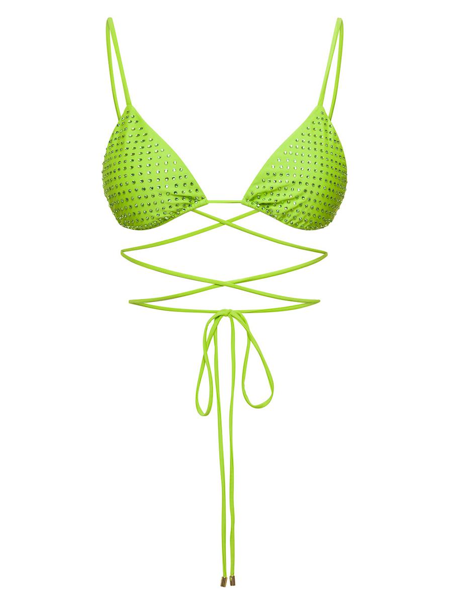 Bikini Top With All-Over Crystal Embellishment In Green Polyamide Woman
