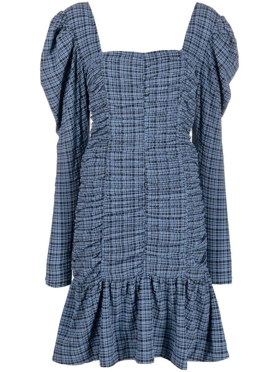Ganni Stretch Seersucker Gathered Mini Dress Clothing