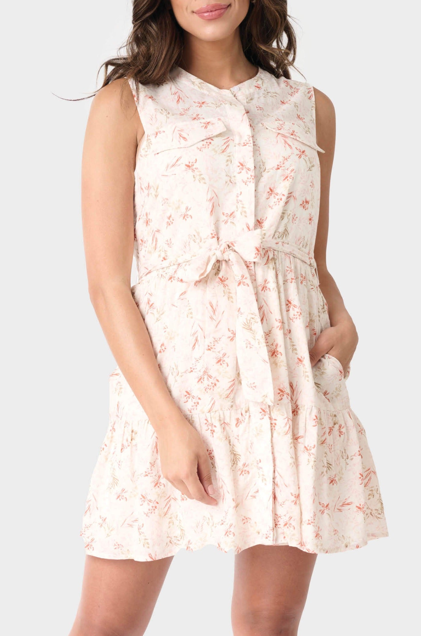 Wildflower Sleeveless Belted Tiered Dress - Summer Wheat Print XS