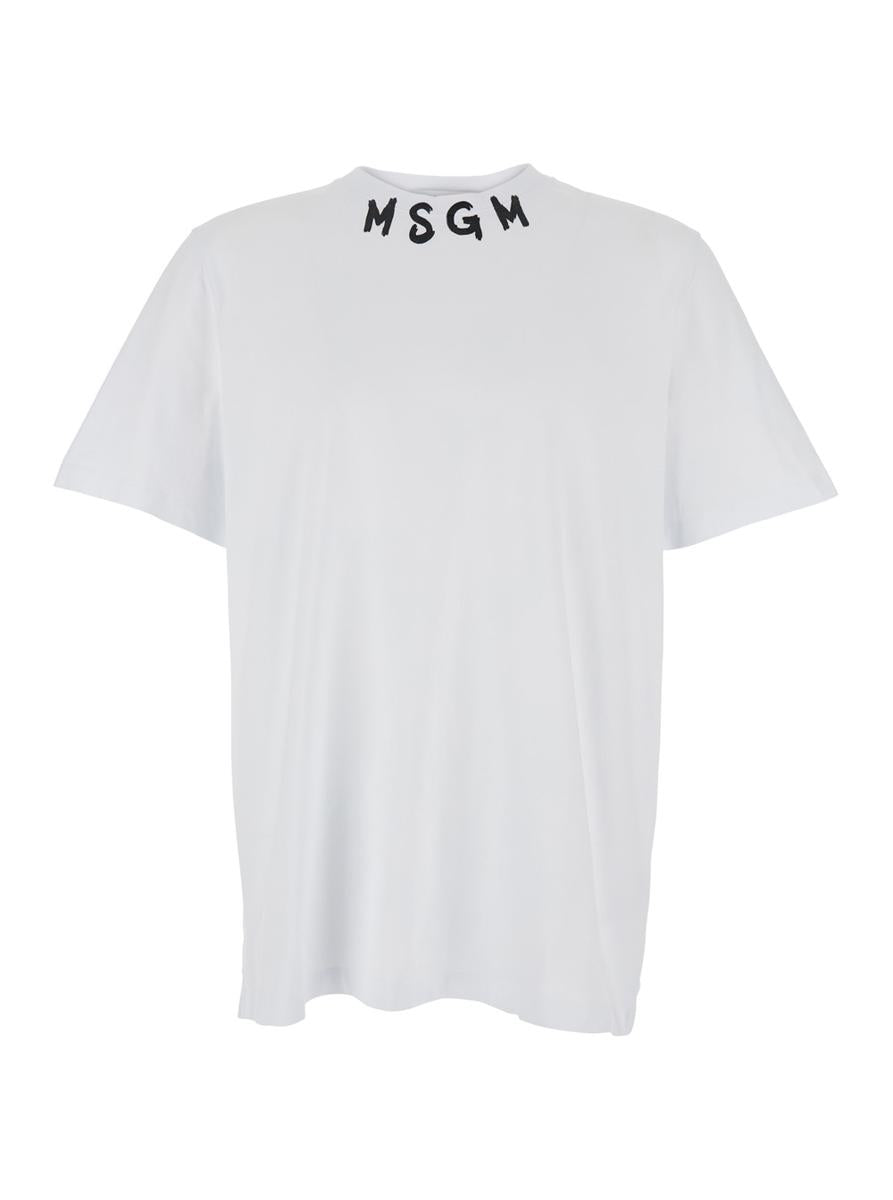 White Crewneck T-Shirt With Logo Lettering On The Neck In Cotton Man