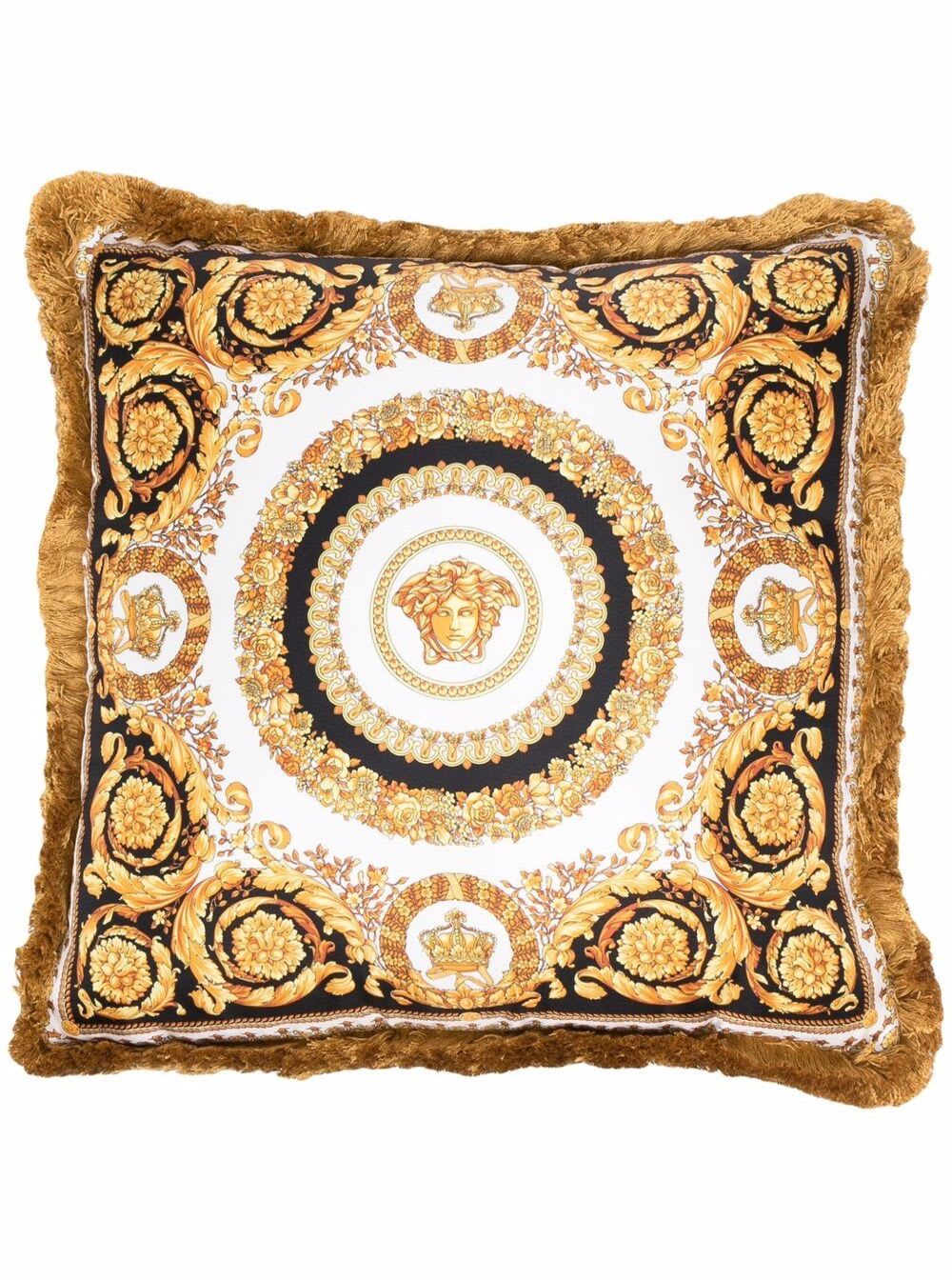 Versace Gold, Black And White Pillow In Silk And Synthetic Fibers With Baroque Print