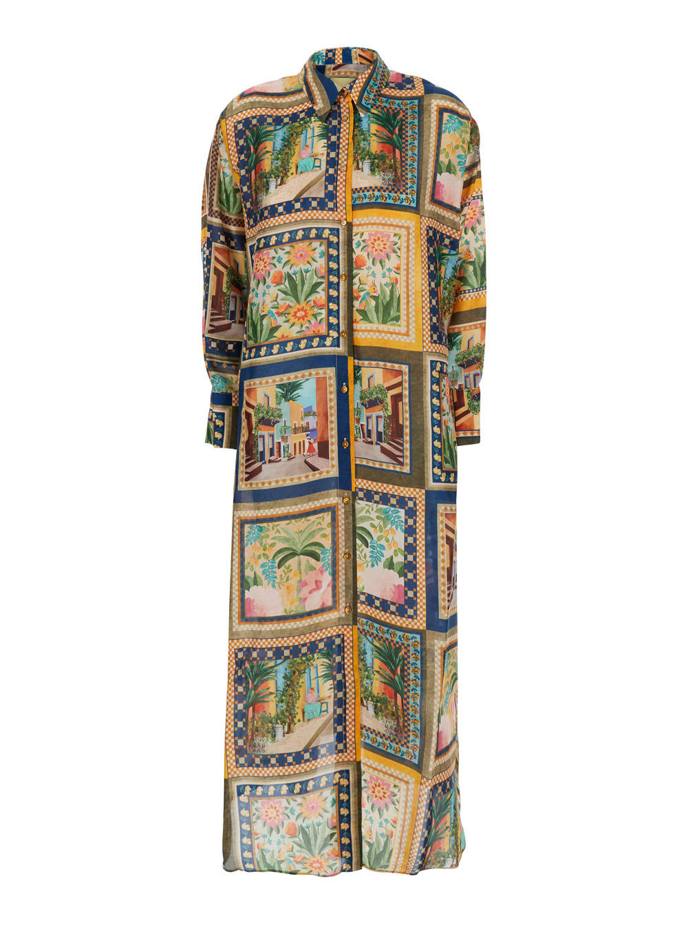 Momonì jau Multicolor Long Dress With All-over Print And Side Slits In Silk Woman