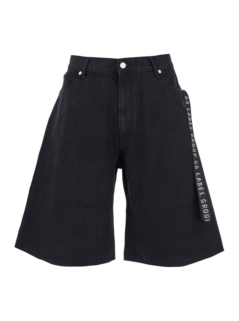 44 Label Group Black Bermuda Pants With Tie Detail On The Front And Logo Embroidery On The Rear In Denim Man