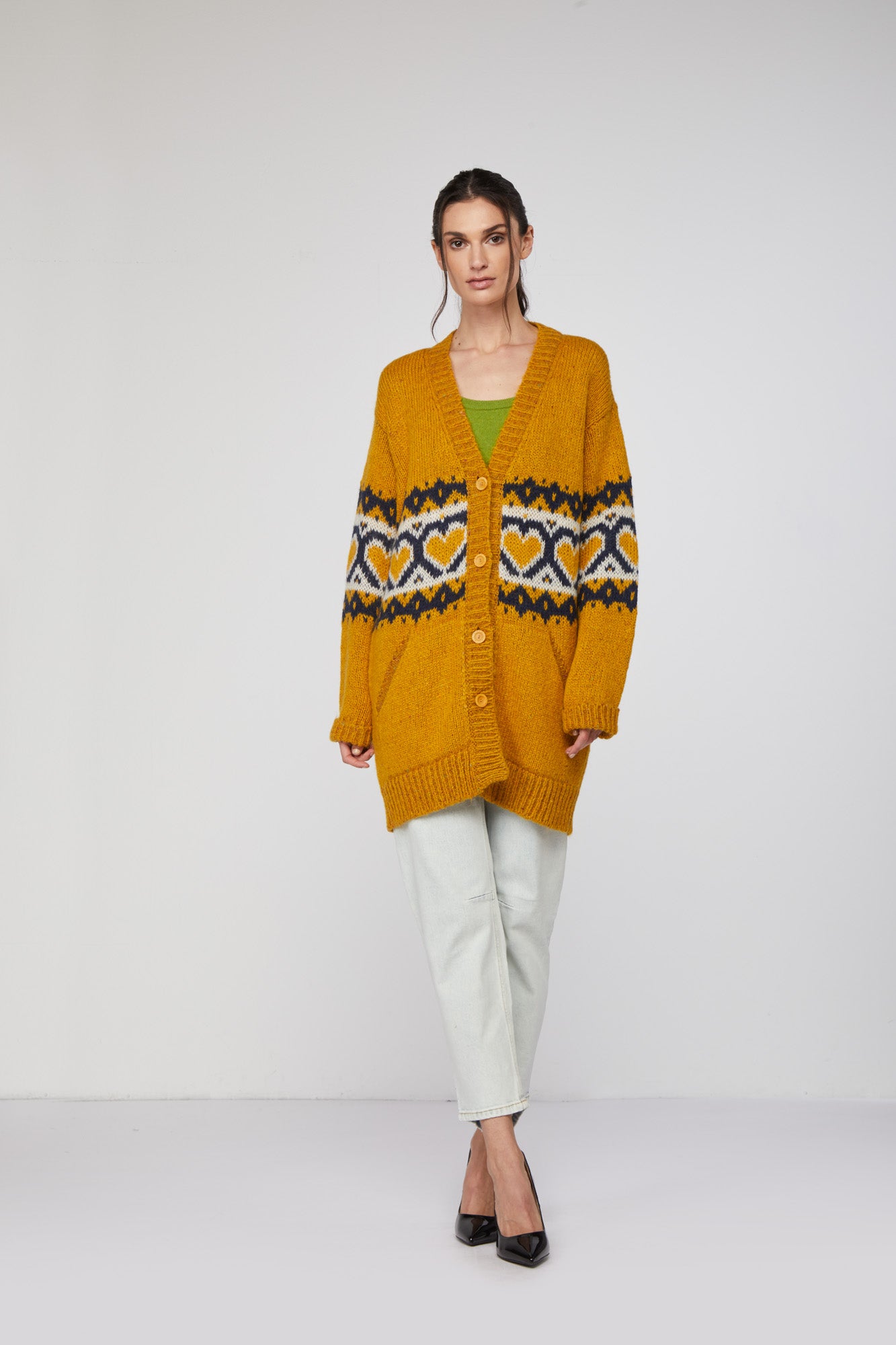 Twinset开衫Maxi Senape con Fantasia Cuori