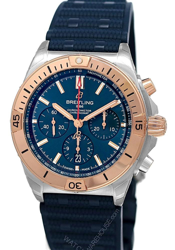 BREITLING Chronomat B01 42MM 18K Rose Gold Bezel Rubber Men's Watch UB0134101C1S1