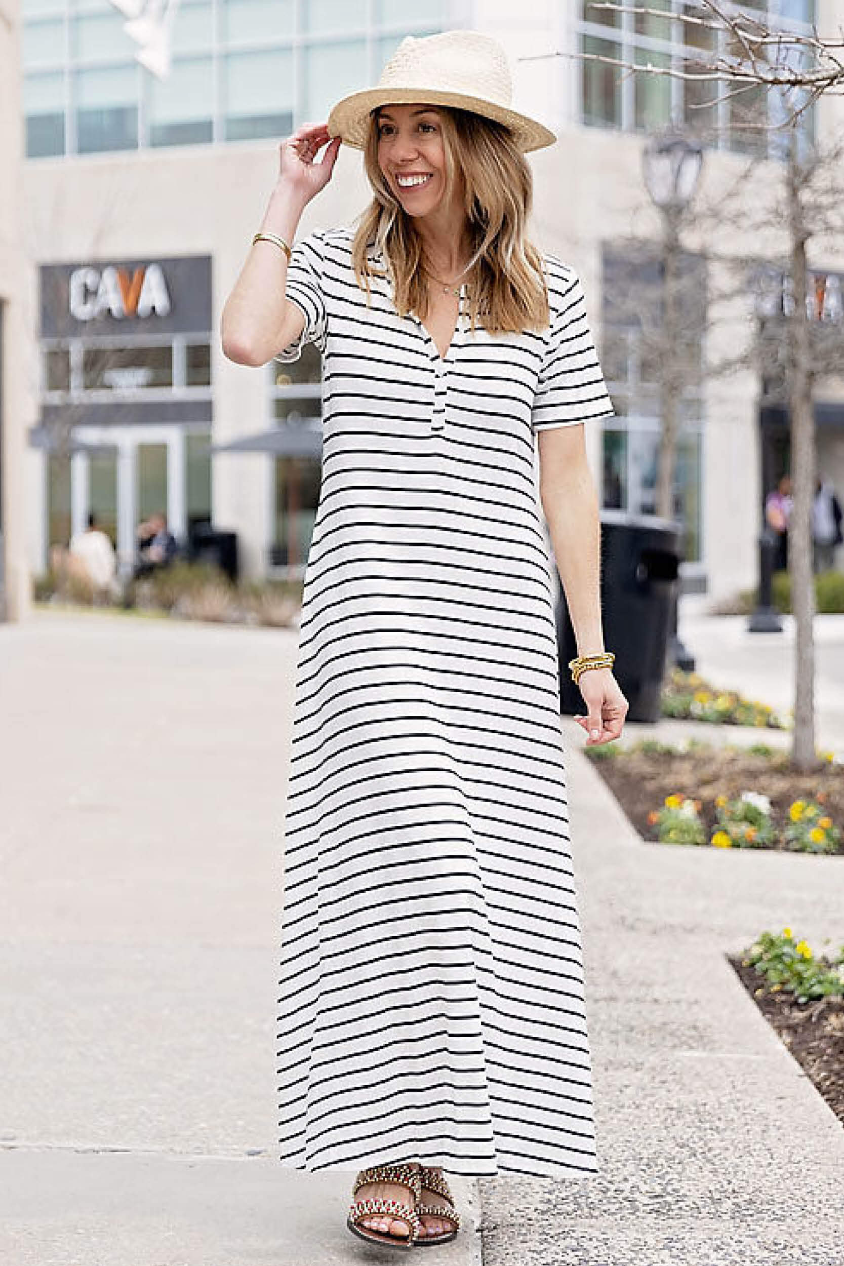 Henley Detail Knit Maxi Dress - Ivory Black Stripe L
