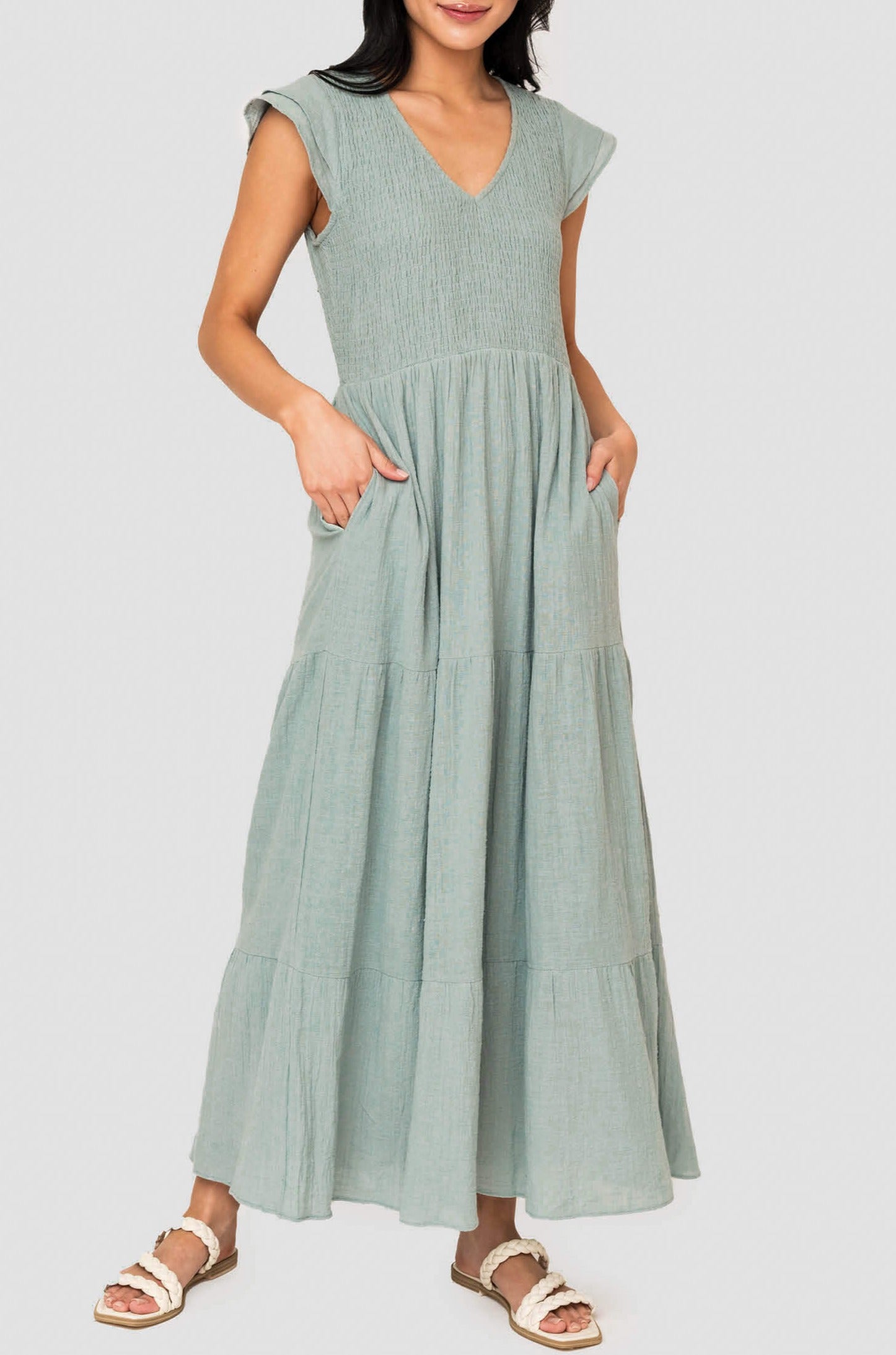 Flutter Sleeve Smocked V-Neck Tiered Maxi Dress - Slate Green XXS