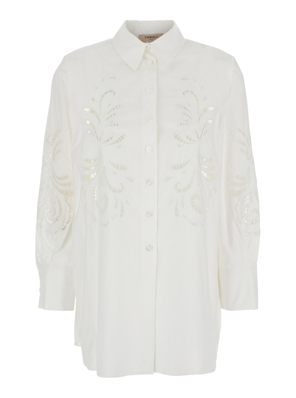 TwinSet White Shirt With All-over Lace Embroidery In Cotton Woman