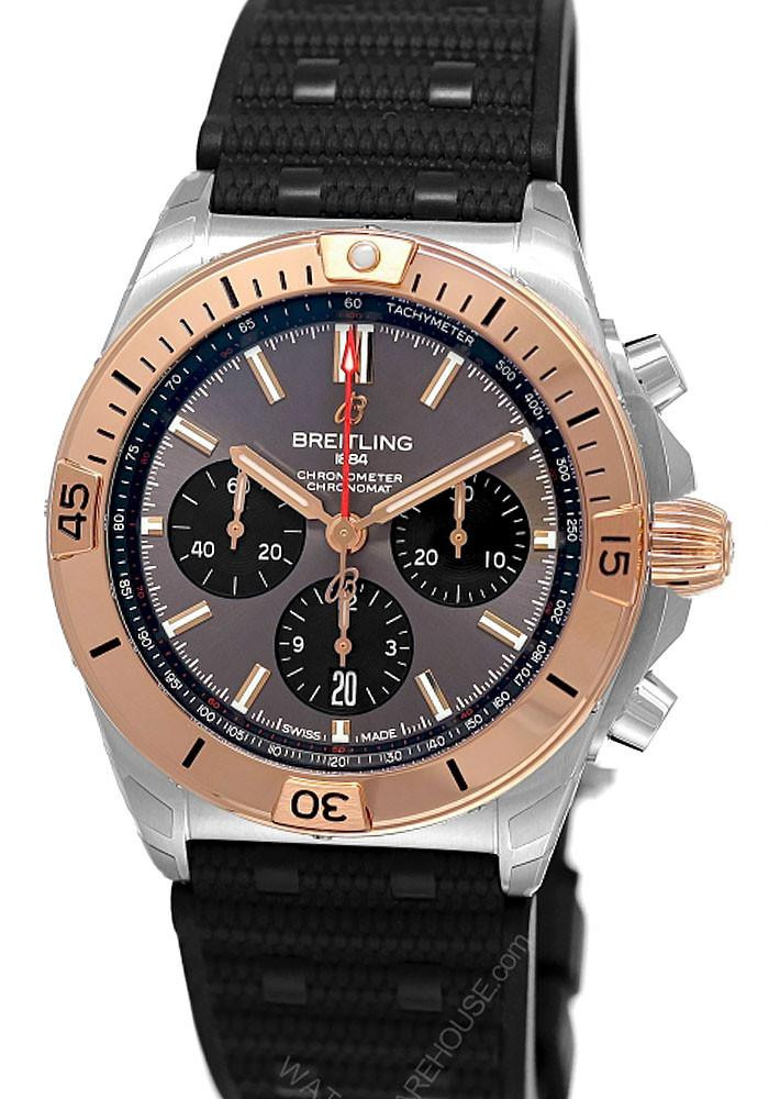 BREITLING Chronomat B01 42MM 18K Rose Gold Bezel Rubber Men's Watch UB0134101B1S1