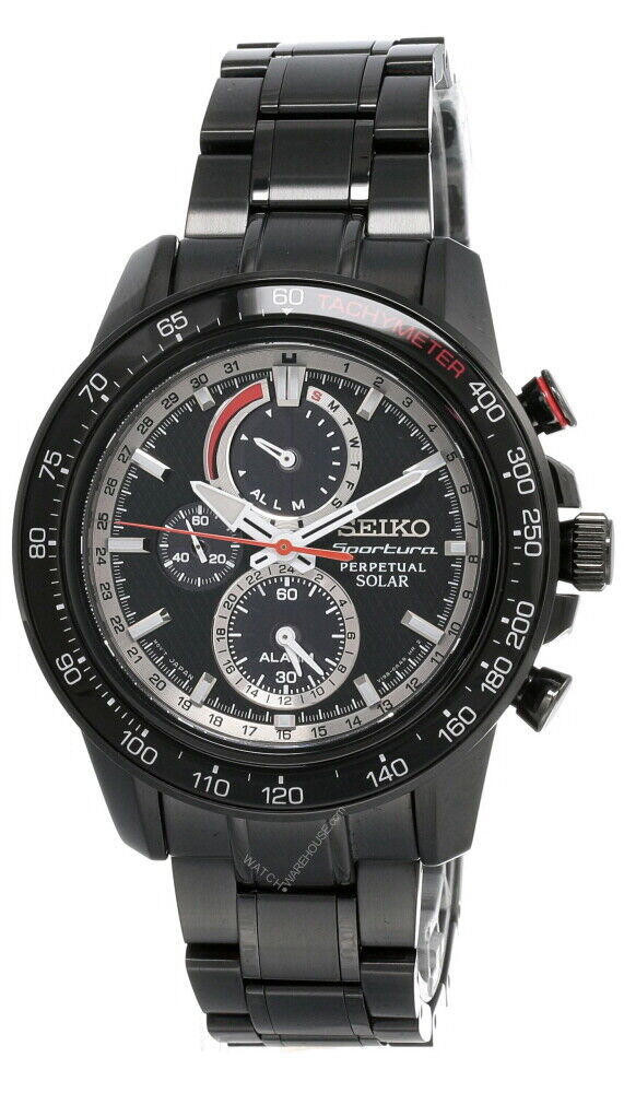 Seiko Sportura Solar 45MM Black Dial Chrono SS Bracelet Men's Watch SSC373