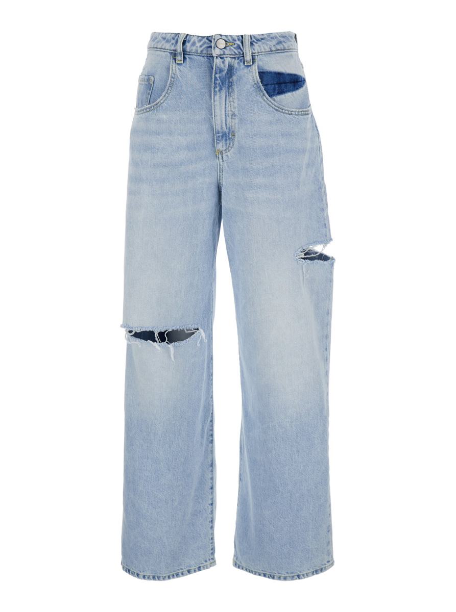 'Poppy' Blue Jeans With Ripped Details On The Front And Logo Patch On The Rear In Denim Woman