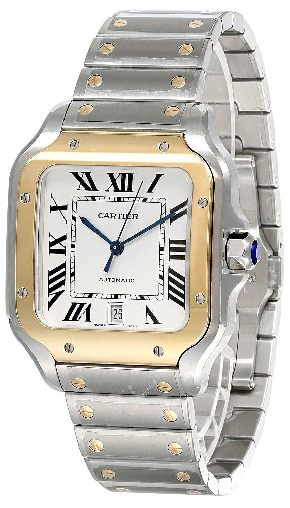 CARTIER Santos De Silvered Opaline Dial 39.8MM Gold Bezel Men's Watch W2SA0009