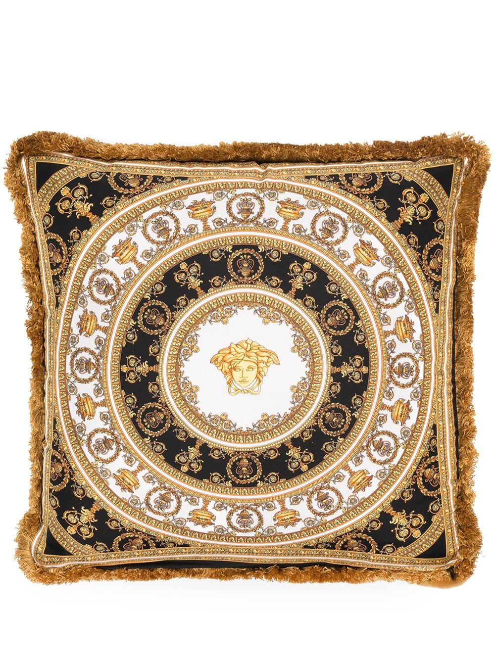 Versace Gold, Black And White Pillow In Silk And Synthetic Fibers With Baroque Print