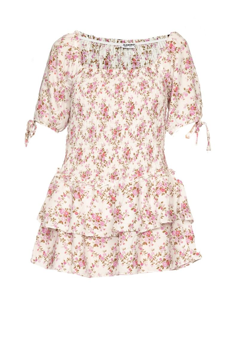 魅力Mini Abito Bianco con Stampa Bucolica Rosa