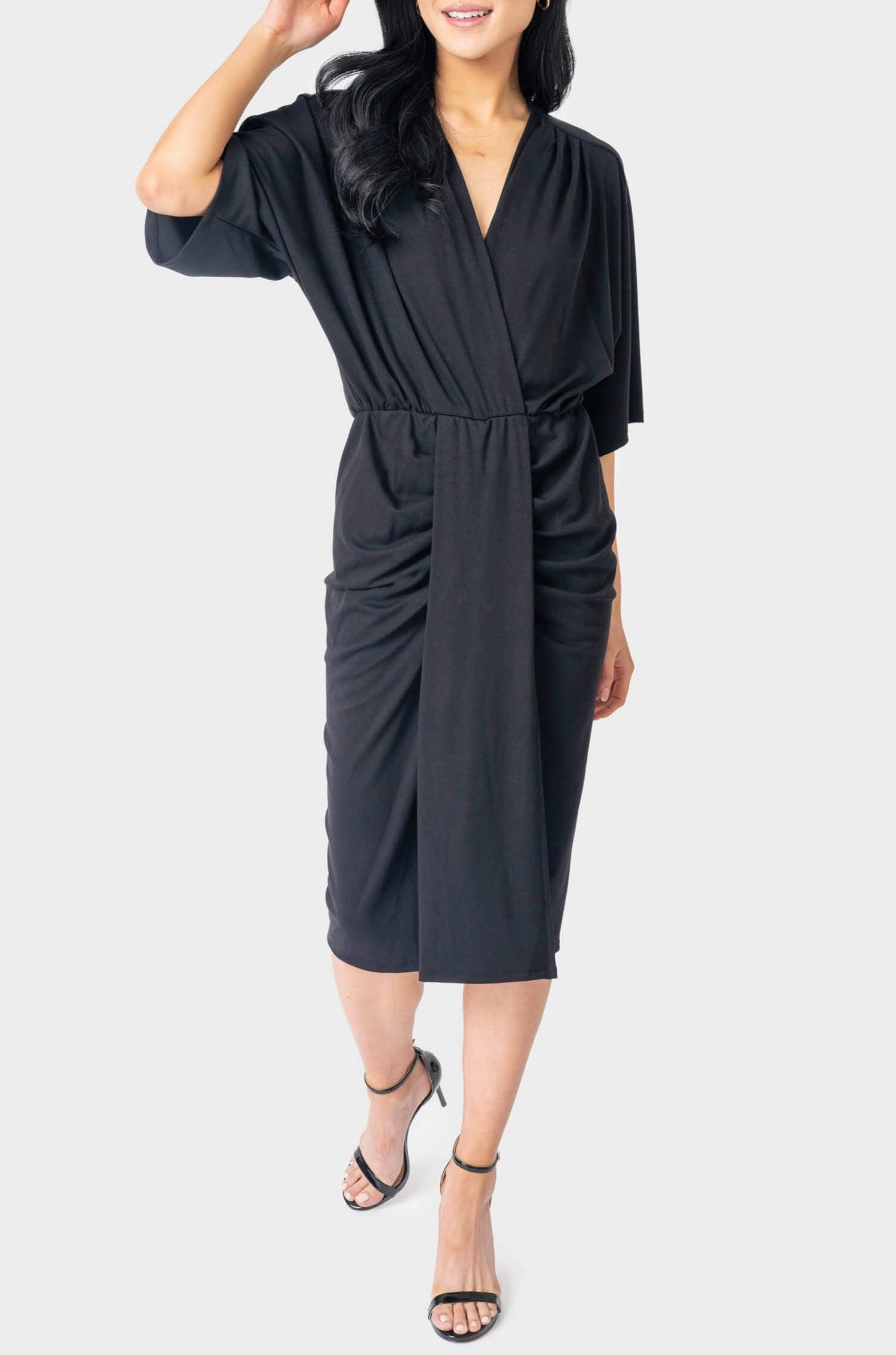 Jennifer Drape Front Luxe Knit Surplice Dress - Black XXS