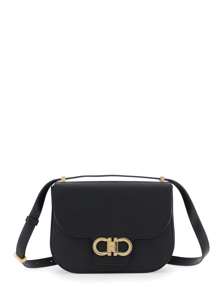 Black Crossbody Bag With Double Gancini Plaque On The Front In Grained Leather Woman