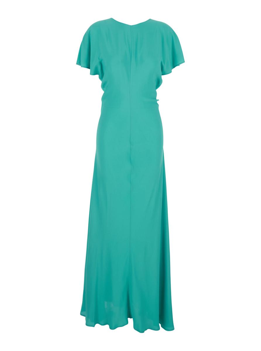 Blue Long Dress With V-Back Neckline And Tie Closure In Silk Blend Woman