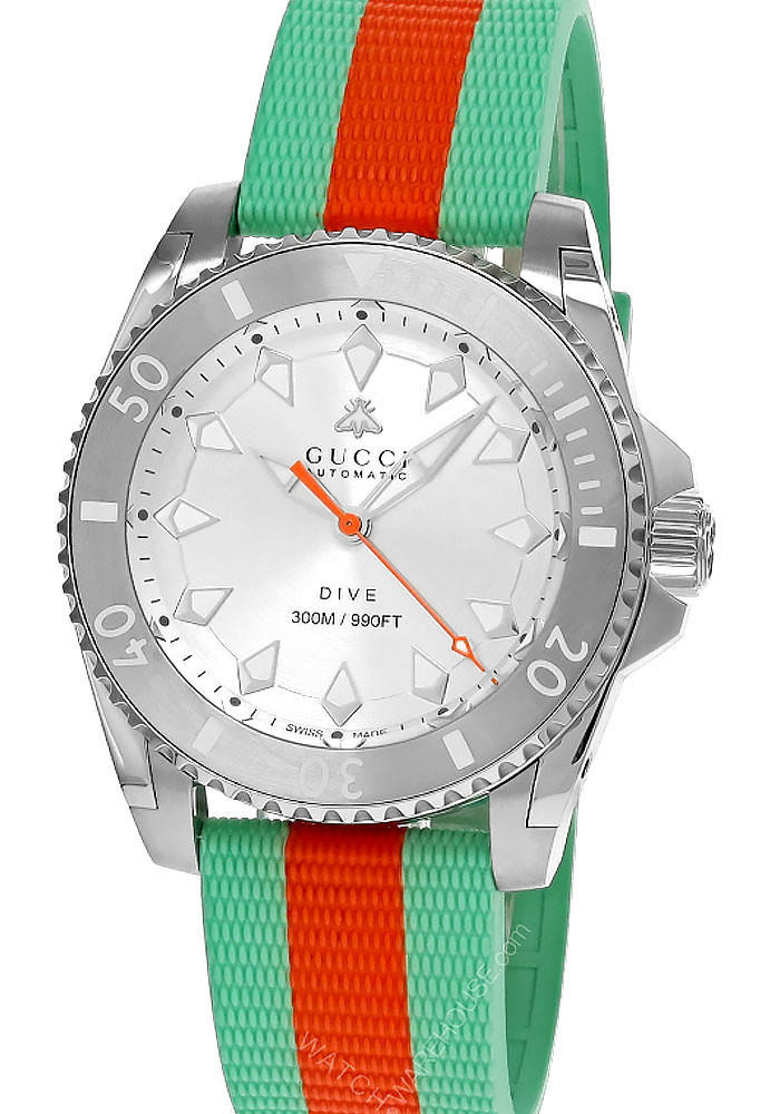GUCCI Dive AUTO 40MM SS Silver Dial Turquoise Rubber Men's Watch YA136351