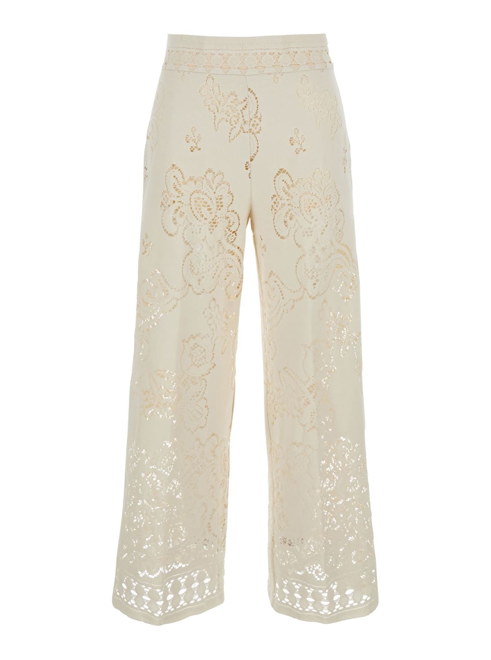 SEMICOUTURE White Pants With Semi-transparent Design And Lace Details In Cotton Macramé Woman