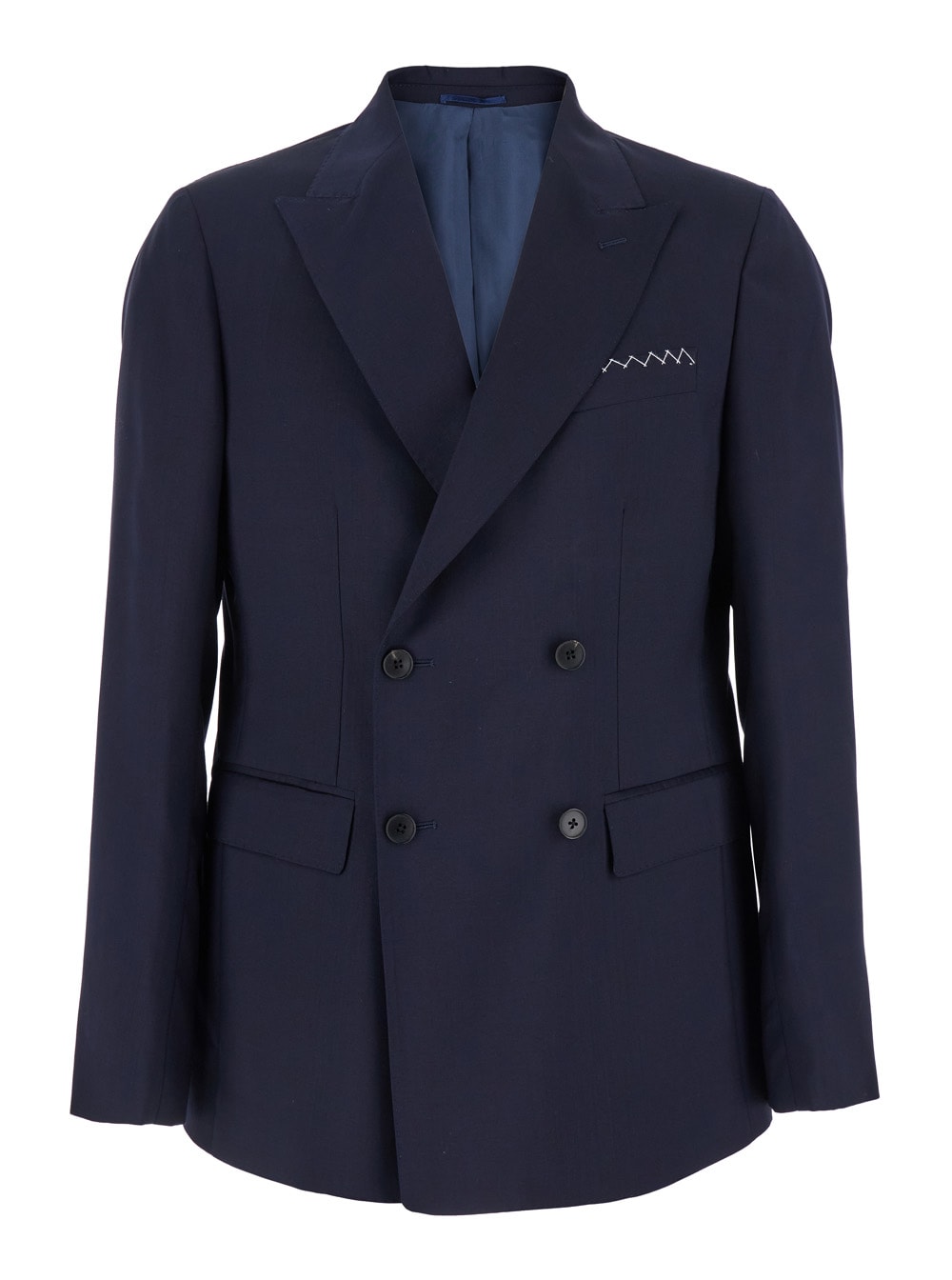 Low Brand Blue Double-breasted Jacket With Peak Revers And Embroidery Detail On The Front In Wool Man