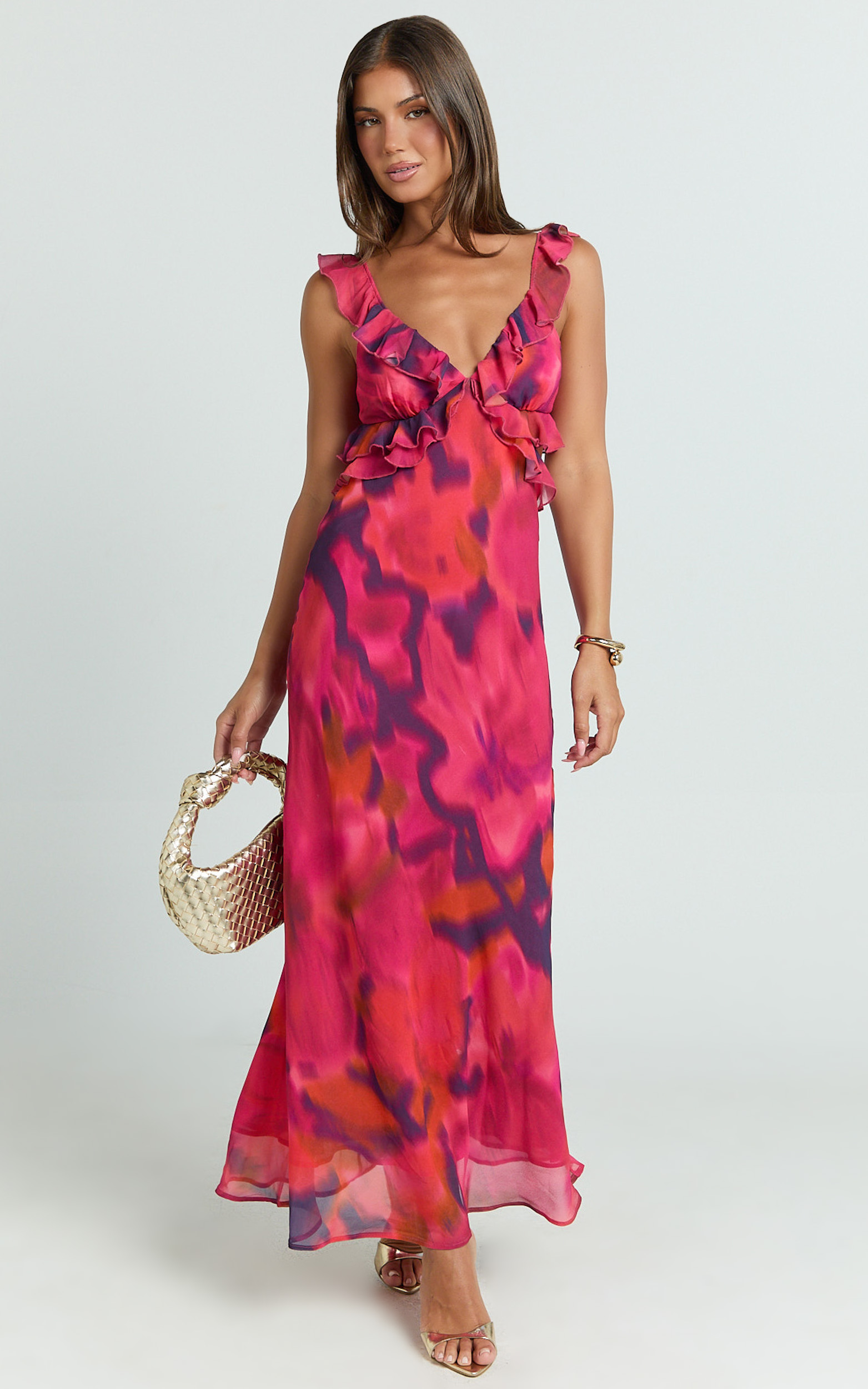 Alessa Maxi Dress - V Neck Frill Detail Empire Waist Back Cut Out Dress in Adeana Print