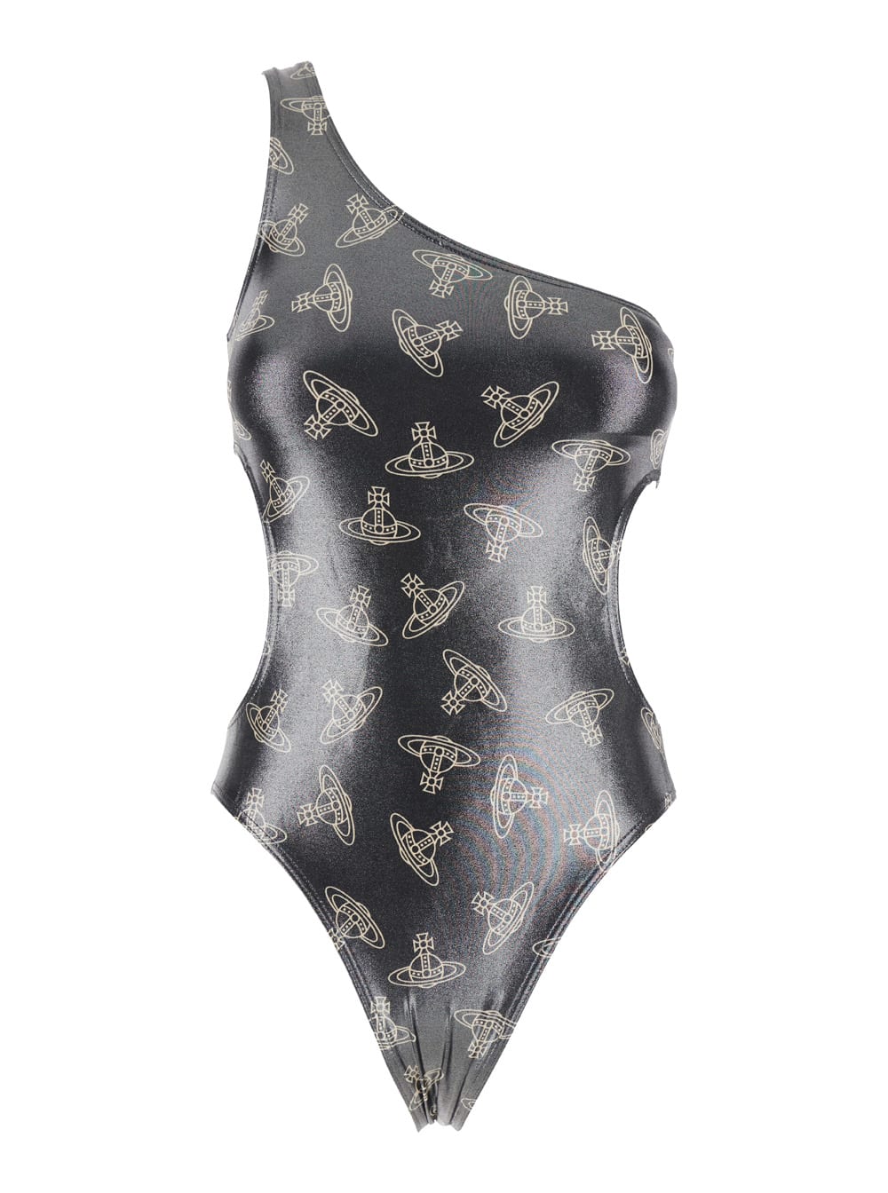 Vivienne Westwood Black One-shoulder Swimsuit With All-over Orb Print And Cut-out Detail In Tech Fabric Stretch Woman