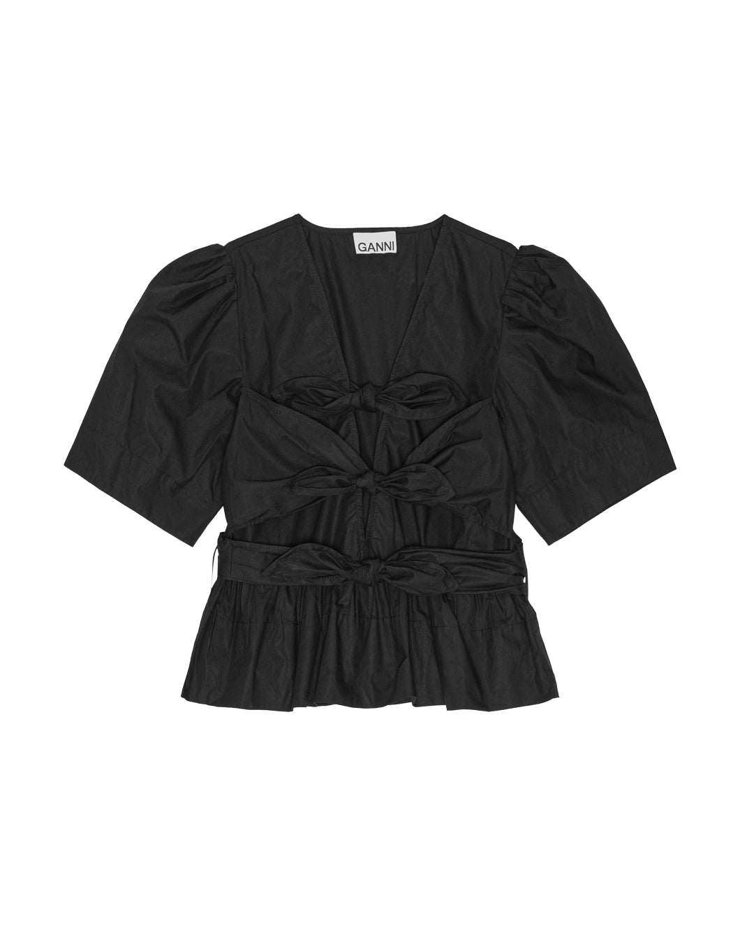Black Stretch Cotton Tie Strap Blouse