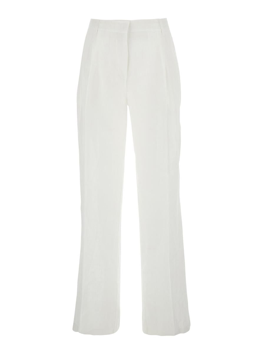 White Pants With Belt Loops And Pence Details In Linen Woman