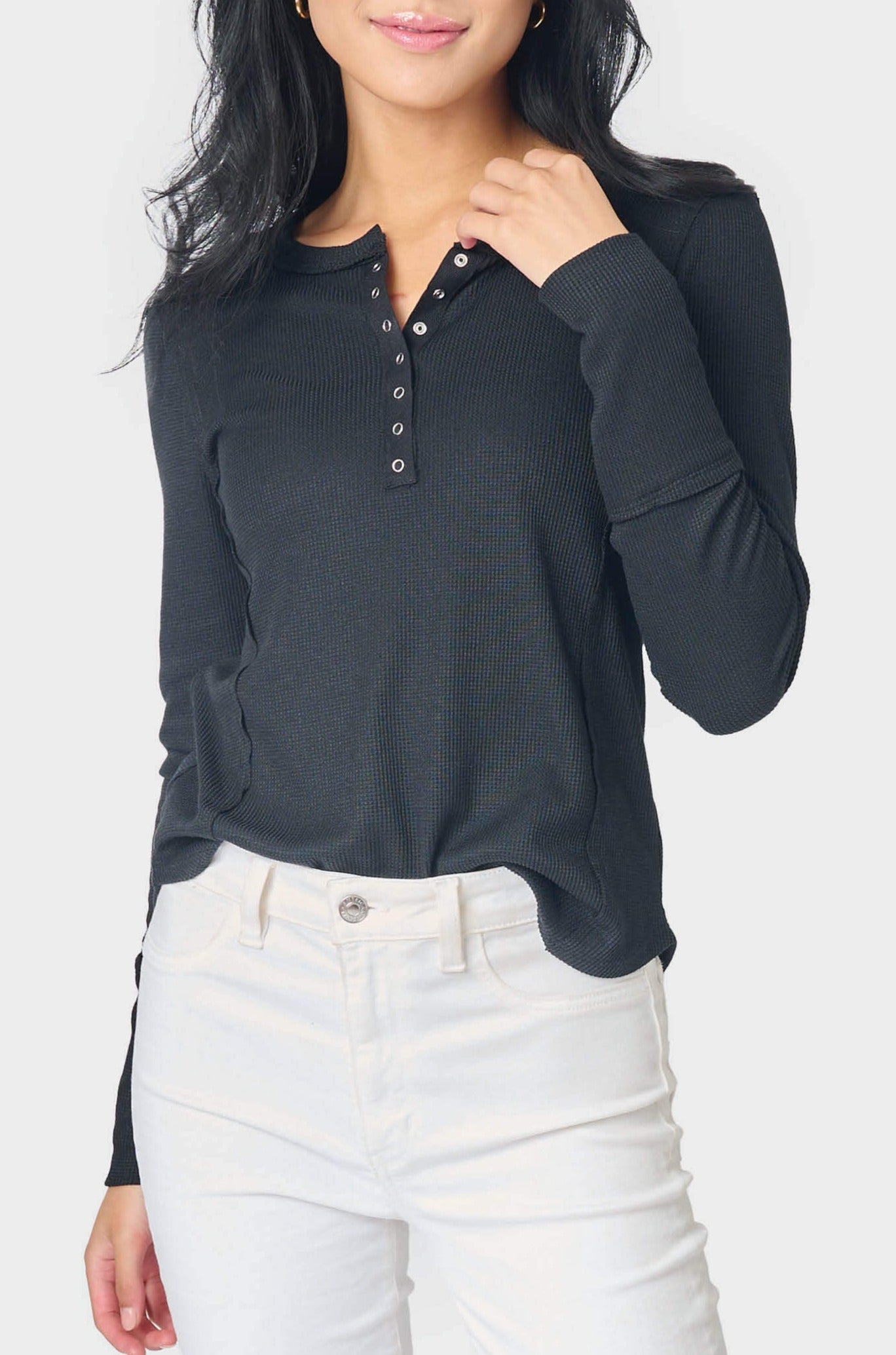 Thermal Long Sleeve Henley Tee - Black XXL