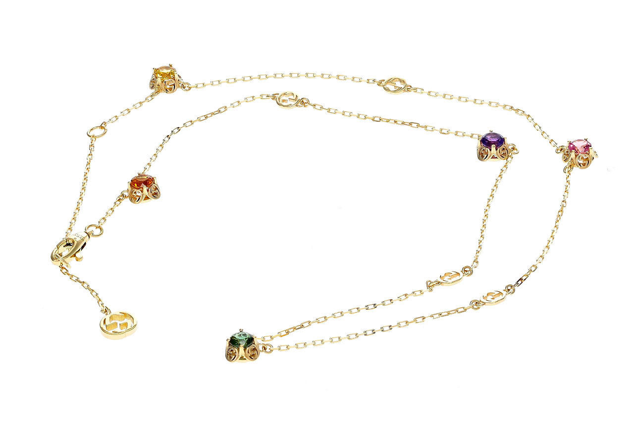 GUCCI 18K Yellow Gold Interlocking G With Precious Stones Necklace YBB66242900100U