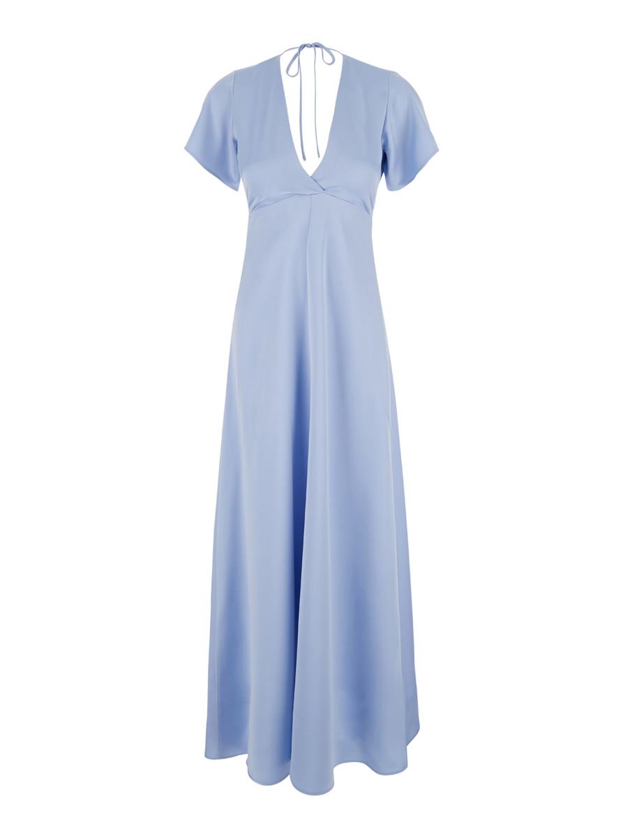 Long Light Blue Dress With Bow At The Back In Fabric Woman