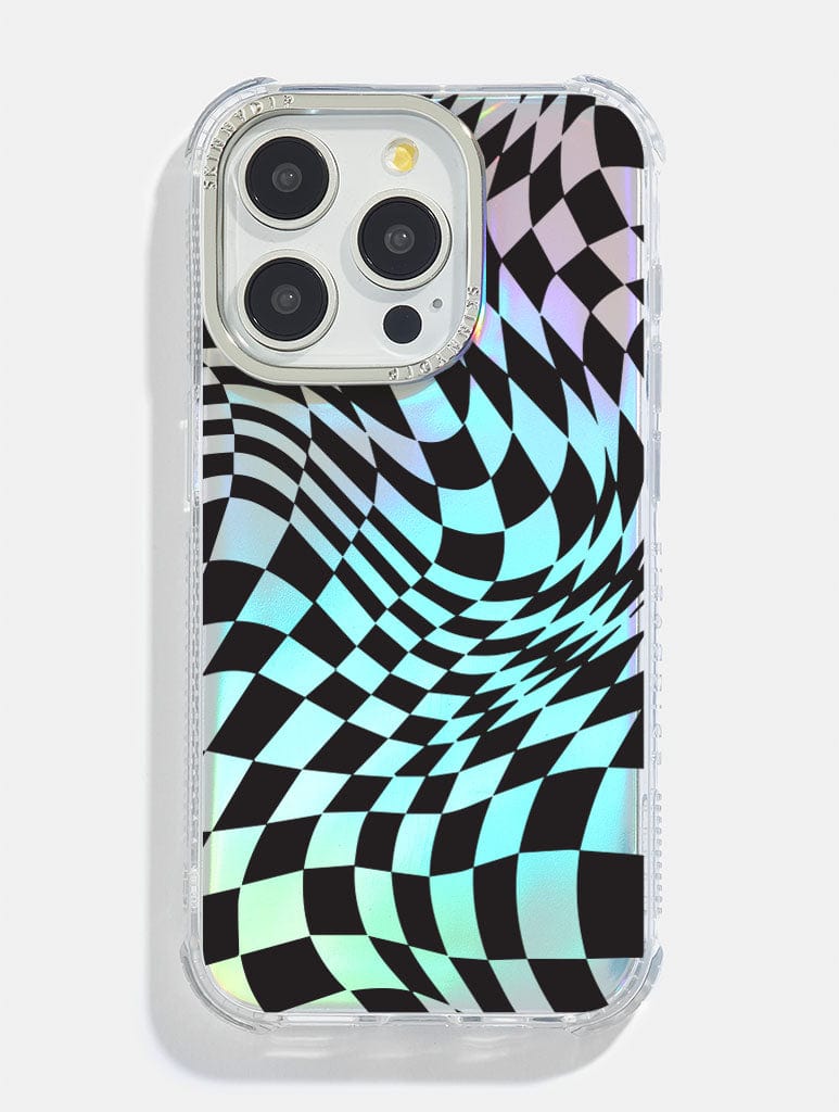 Black Warped Check Holo Foil Shock i Phone Case, i Phone 14 Pro Case