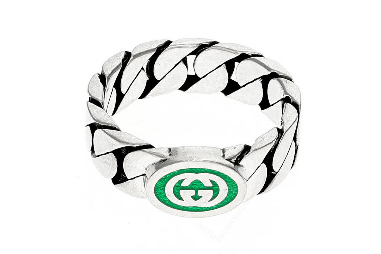 GUCCI Silver Interlocking G Green Enamel Ring YBC7016120010
